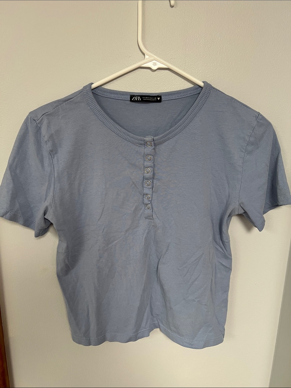 Zara Powder Blue Short Sleeve Henley Crop Top